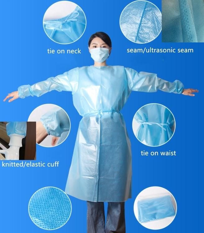 Isolation Gown Disposable Surgical Gowns Hospital Disposable Medical Surgical Isolation Gown SMS PP PE Coated Non Woven Isolation Gown