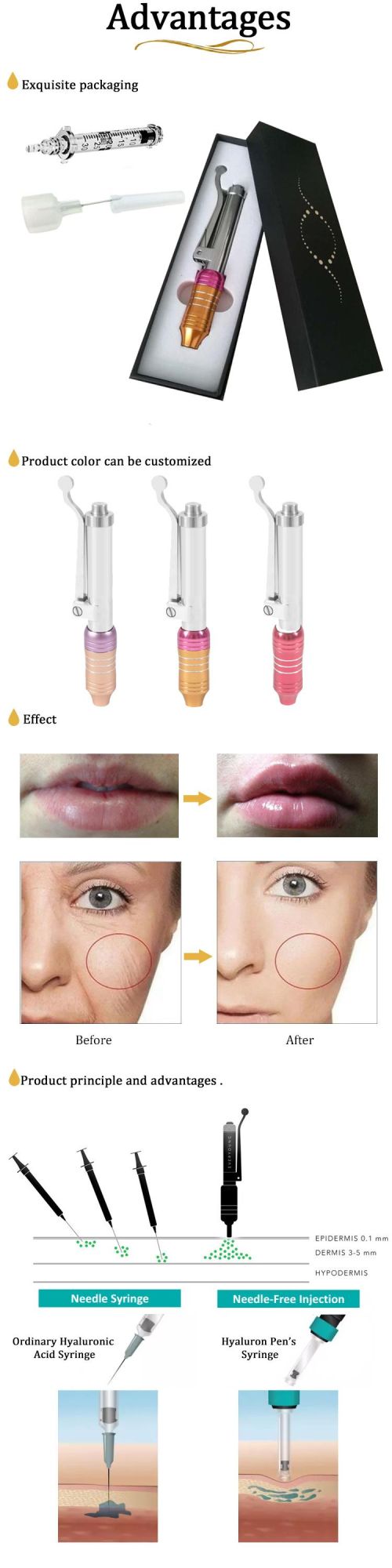 Korea Hyaluronic Acid CE Ampoule Gel Injection Syringe Black Gold Hyaluron Pen 2 in 1