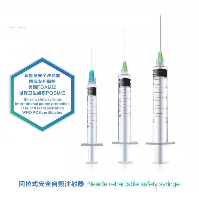 CE/FDA Approved Manual Retractable Safety Syringe 1/3/510ml for Hypodermic Injection