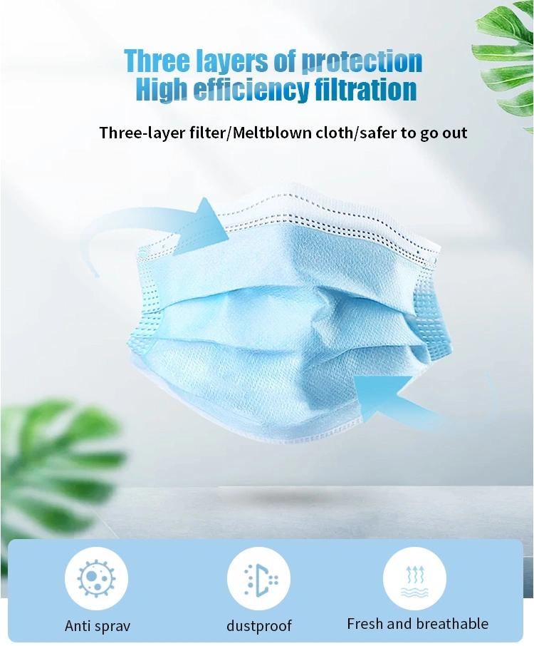 50PCS/Box Breathable Nose Mouth Cover 3 Filter Layer Earloop Disposable Face Mask Nonwoven Face Mask
