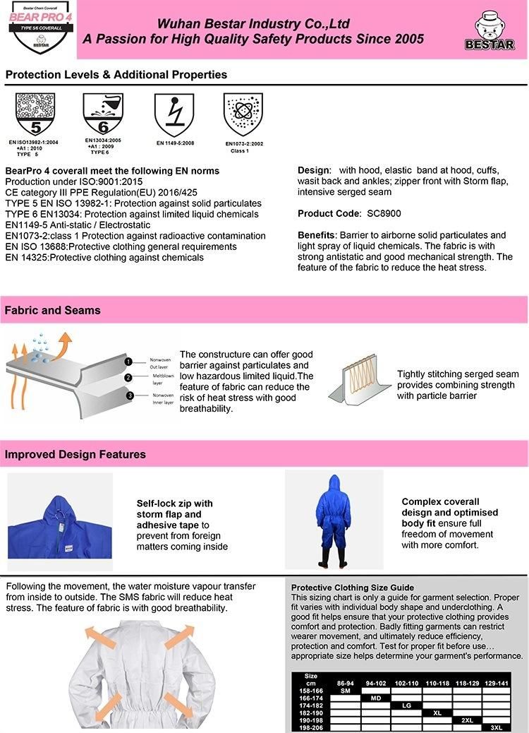 CE Certified Disposable SMS Type 5/6 Economical Breathable Medical Coverall