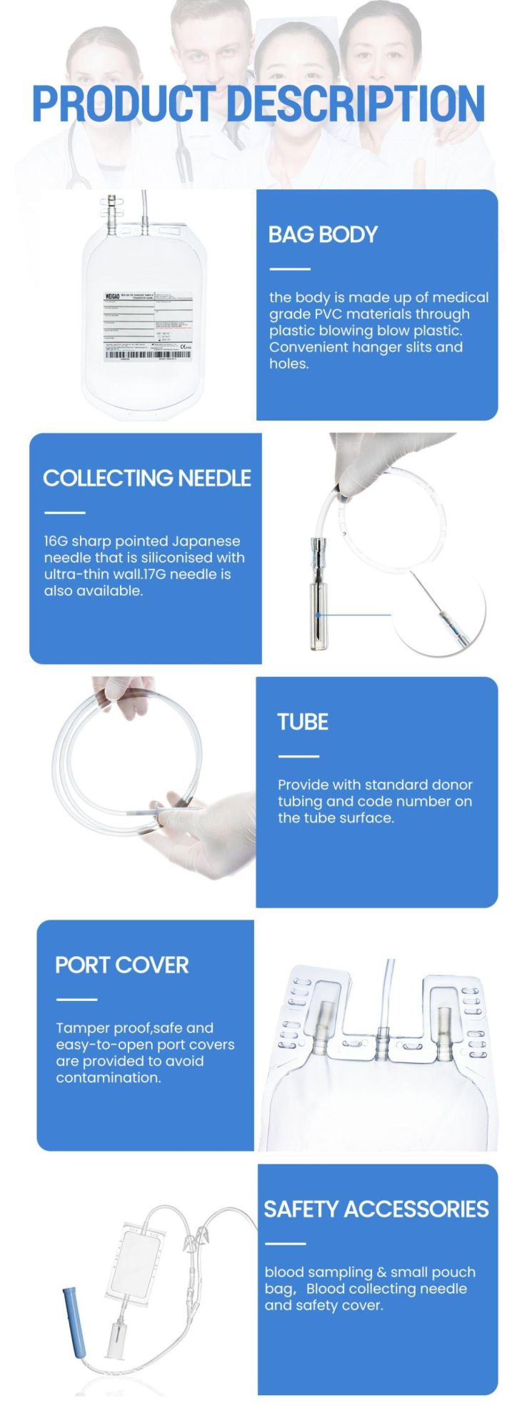 Disposable Blood Collection Bag Single System Blood Bag 250ml
