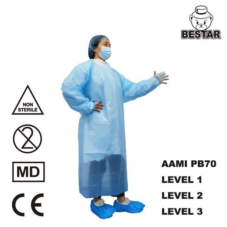AAMI PB70 Level 1/2/3 CE Certified FDA, ISO 9001, ISO13485 CPE Gown