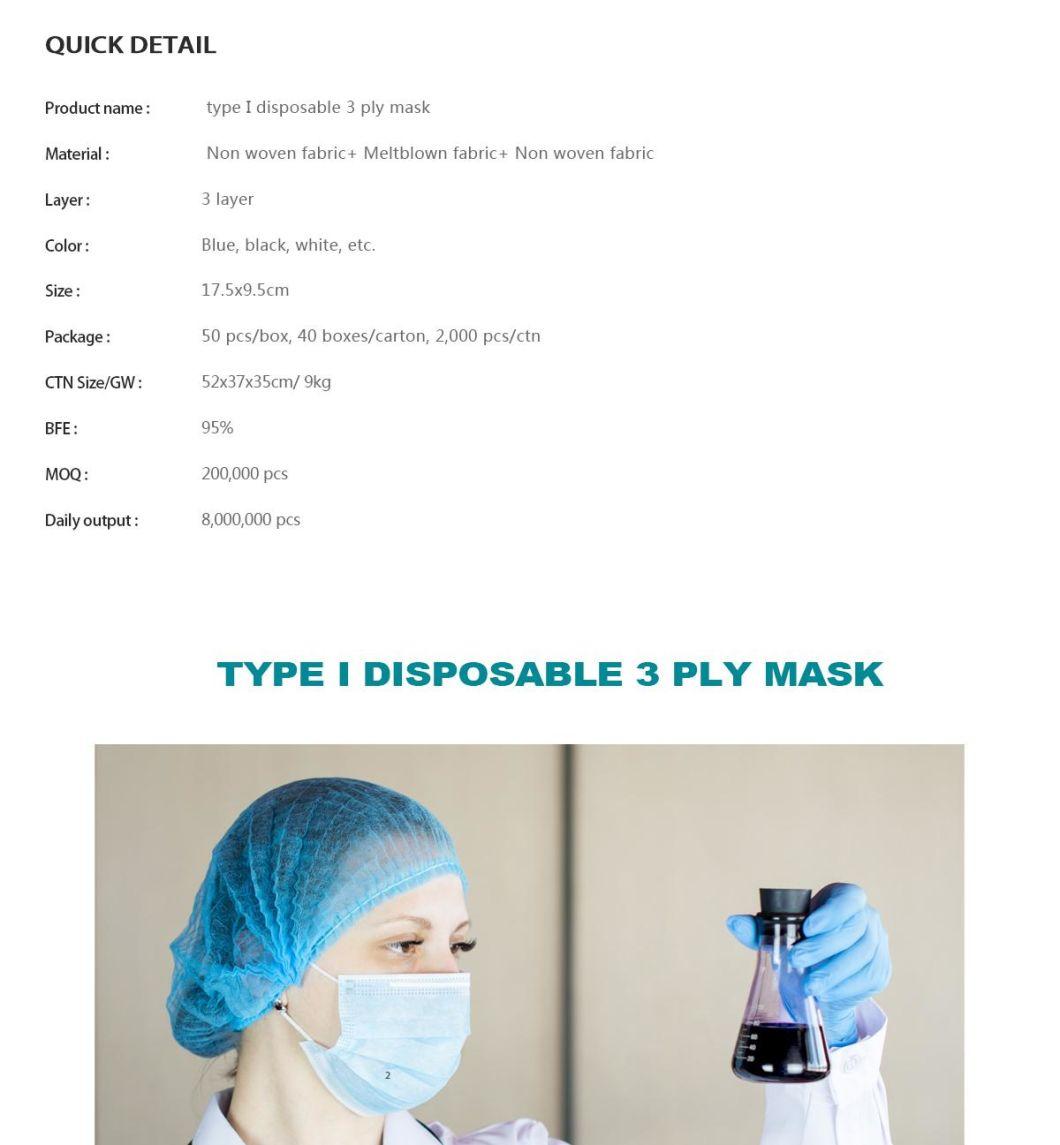 Wholesale 3 or 4 Ply Disposable Elastic Earloop Anti Dust Becteria Virus Bfe 98% CE En14683 Type I Non-Woven Melt-Blown Fabric Adult Medical Face Mask