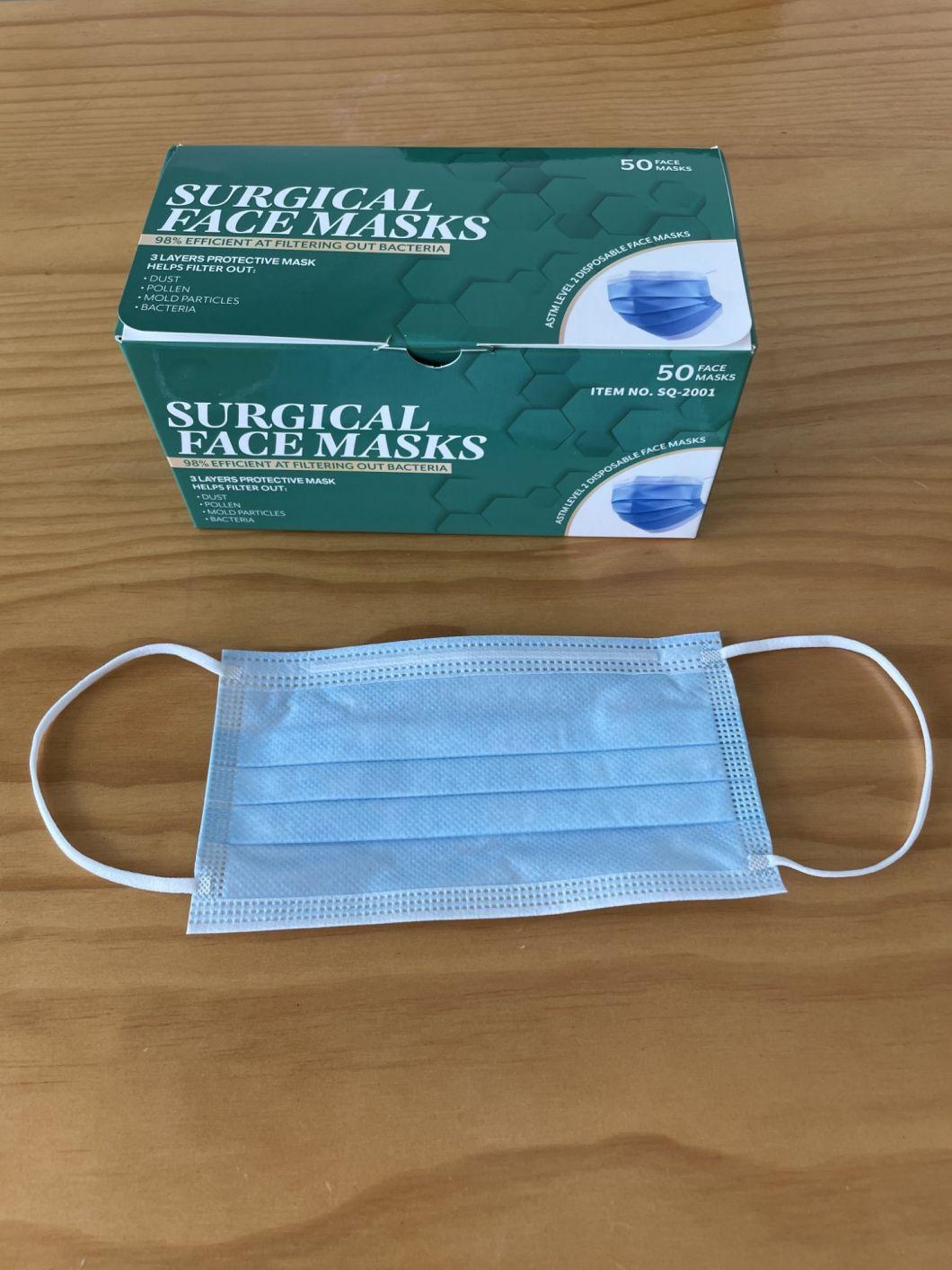 Bfe 98% 3 Ply Non-Woven Fabric Disposable Anti Splash Dust Pm2.5 Virus FDA 510K CE En149 En14683 Approved Earloop Blue Color Surgical Face Mask