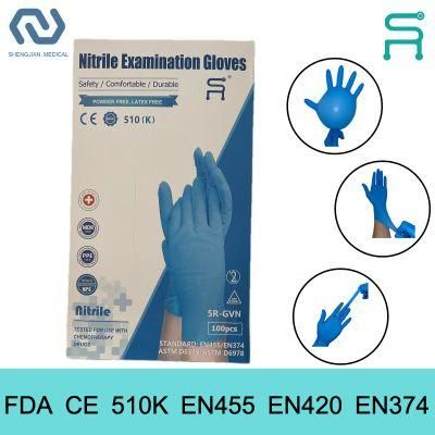 510K En455 Powder Free Disposable Nitrile Examination Gloves with 9in/12in