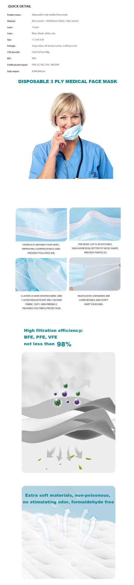 Disposable 3 Ply Adult Anti Splash Dust Pm2.5 Virus FDA 510K CE En149 En14683 Approved Non Woven Fabric Double Nose Clip Blue Medical Face Mask