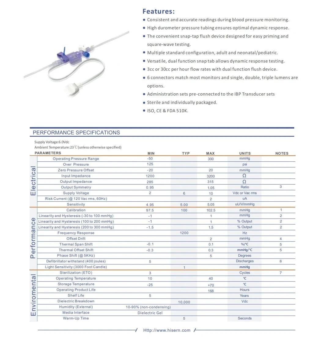 Factory Hisern FDA Dbpt-0503 IBP Supply Disposable Medical Blood Pressure Medical Transducers