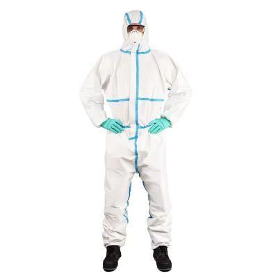 Customized Medical Disposable Microporous White Protective Coverall with Blue Tape