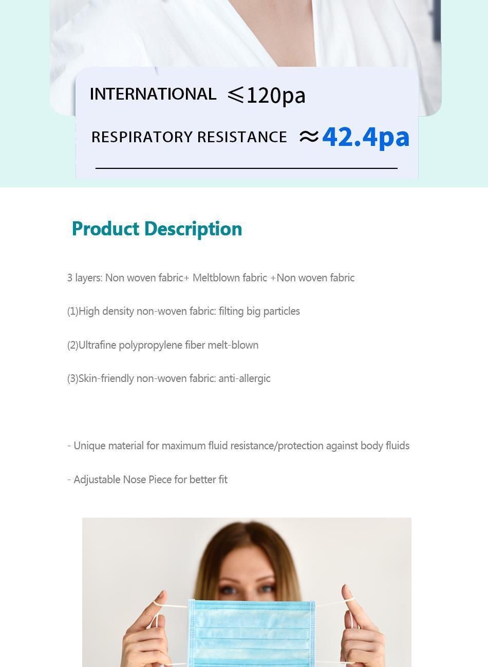 Wholesale 3 Ply Disposable Elastic Earloop Anti-Virus FDA 510K CE En14683 Approved Non-Woven Fabric Blue Adult Medical Face Mask