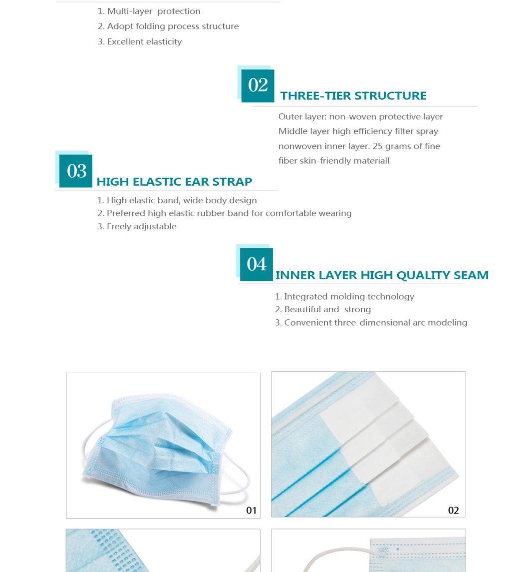 Wholesale 3 or 4 Ply Disposable Elastic Earloop Anti Dust Becteria Virus Bfe 98% CE En14683 Type I Non-Woven Melt-Blown Fabric Adult Medical Face Mask