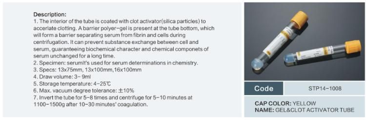 Yellow Cap Gel and Clot Activator Vacuum Blood Collection Tube