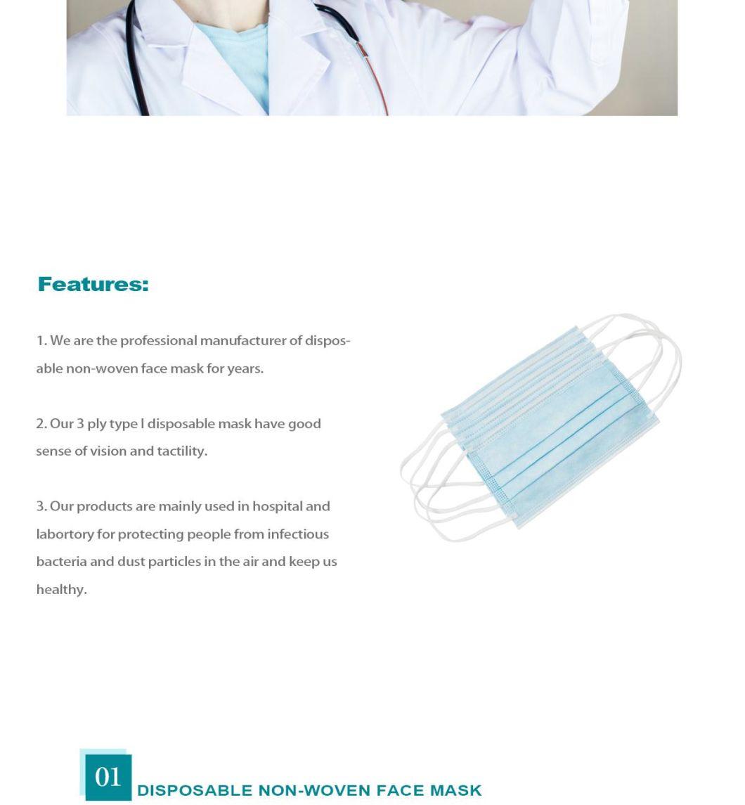 Wholesale 3 or 4 Ply Disposable Elastic Earloop Anti Dust Becteria Virus Bfe 98% CE En14683 Type I Non-Woven Melt-Blown Fabric Adult Medical Face Mask
