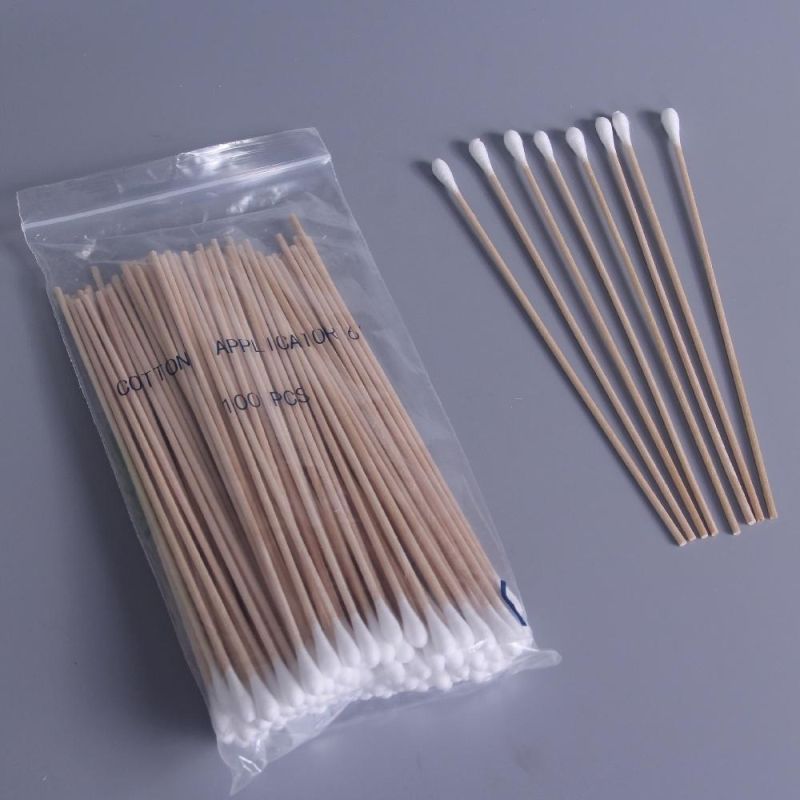 Disposable 100% Natural Cotton 6" Length Wooden Rod Cotton Tipped Applicator/Bud