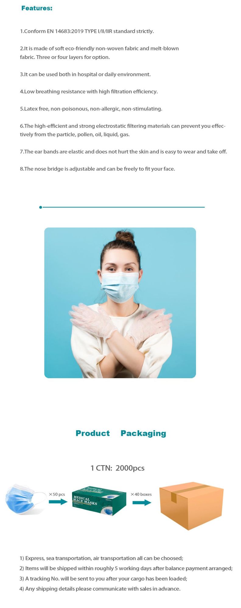 Factory Sterile Workshop Latex Free CE Nelson Blue/Black Non-Woven + Melt-Blown Fabric PPE 3 Ply Disposable Type I/II/Iir Medical Surgical Respirator Face Mask