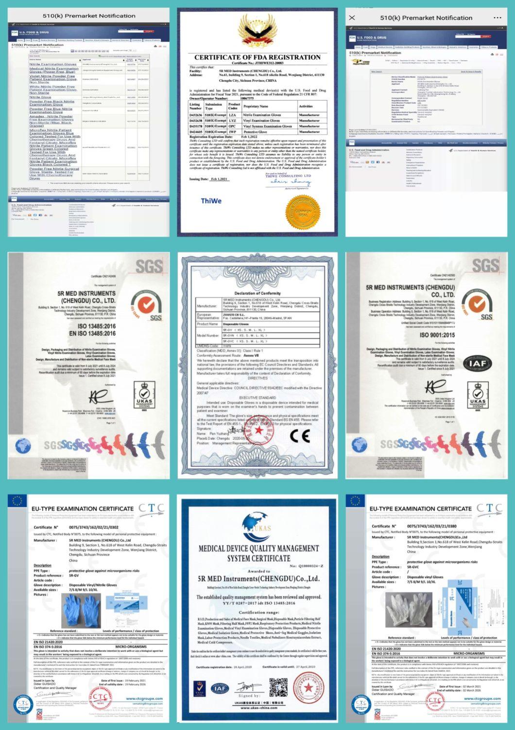 Powder Free FDA CE 510K En455 Disposable Nitrile Examination Gloves