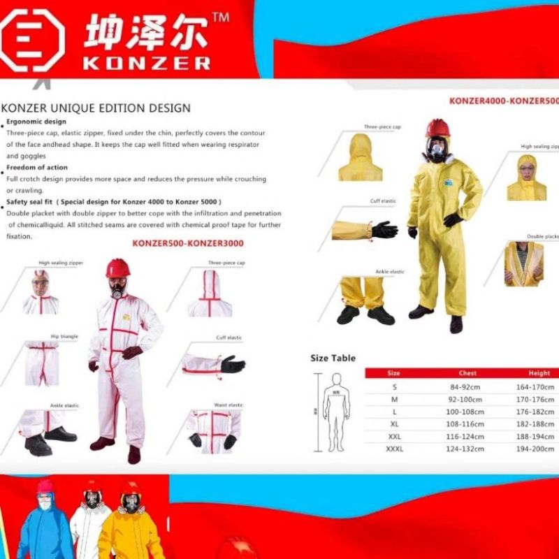 Type 5/Type 6 En14126 Nonwoven Sf Microporous Disposable PPE Protective Garments Konzer Brand
