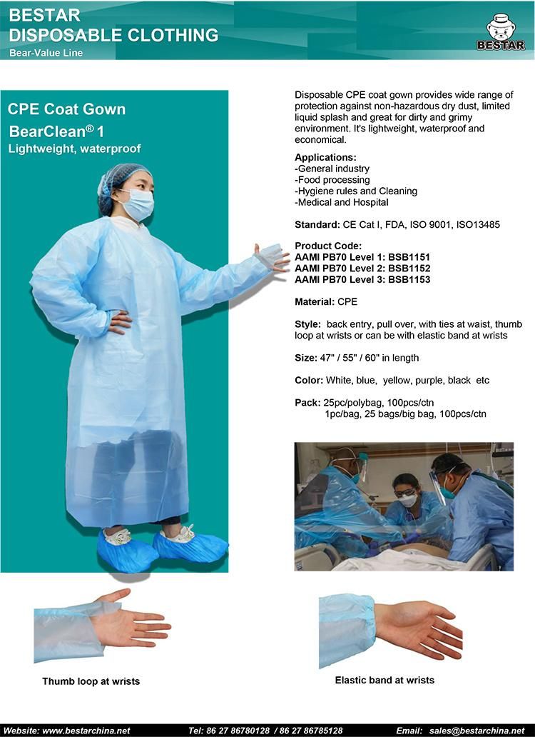 AAMI PB70 Level 2 Level 3 Surgical Waterproof Lightweight CPE Coat Gown