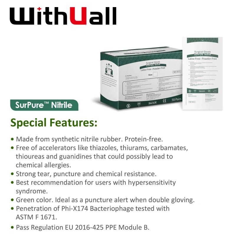 Green Powder-Free Latex-Free Without Sulfur and Accelerator Nitrile Surgical Gloves