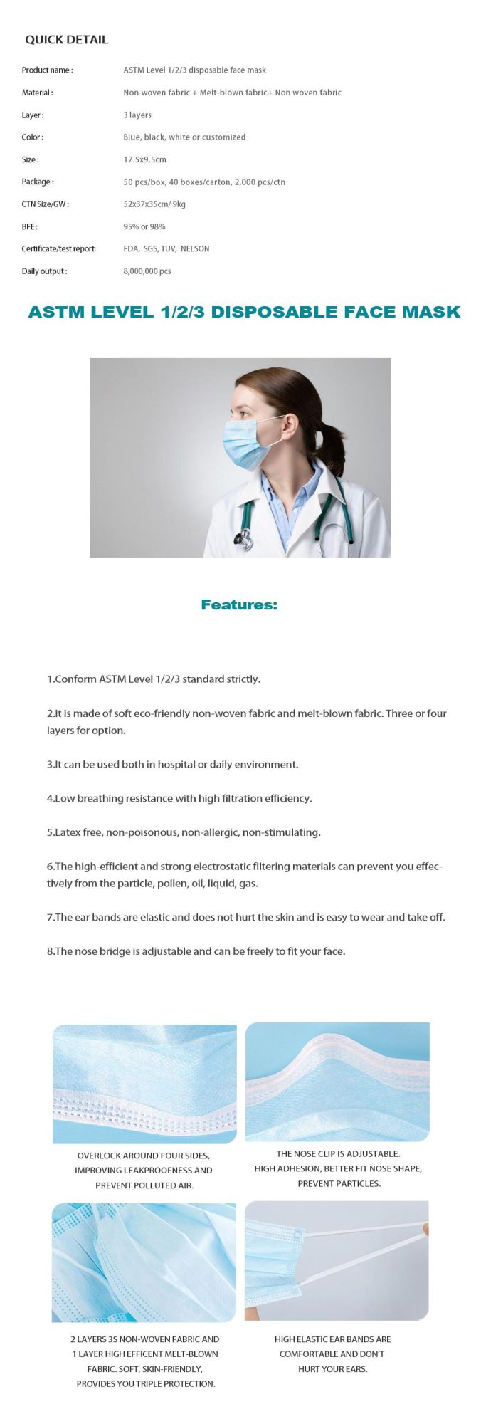 Manufacturers Disposable 3 Ply Bulk Skin-Friendly Level 1/2/3 Mask