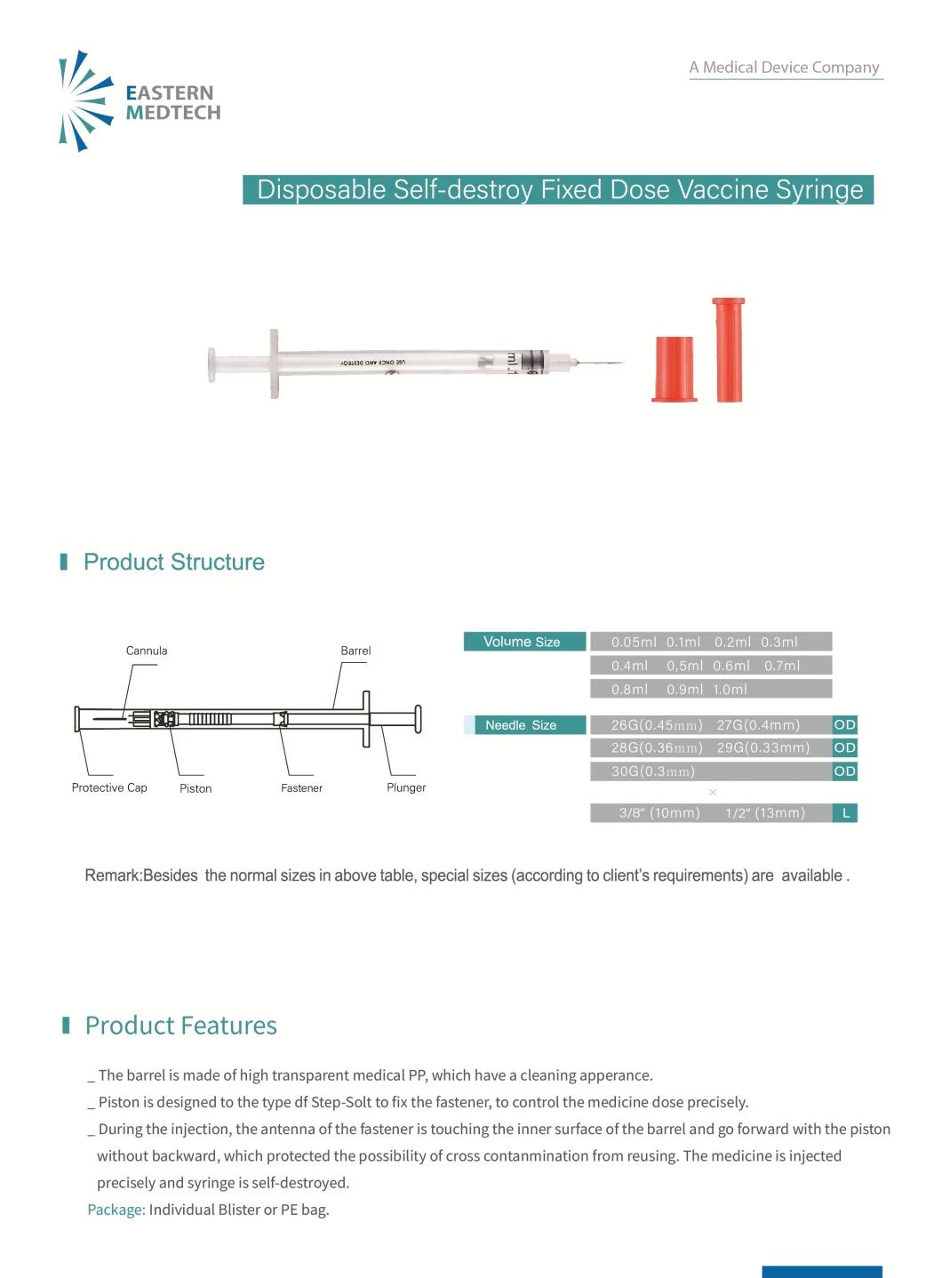 CE&ISO Certificated Disposable Medical Device Self-Destroy Vaccine Syringe with Fixed Needle 0.1ml