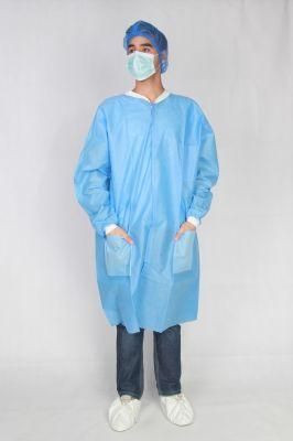 Disposable Non-Woven Lab Coat, 4 Velcros / Buttons, Knitted /Elastic Cuffs