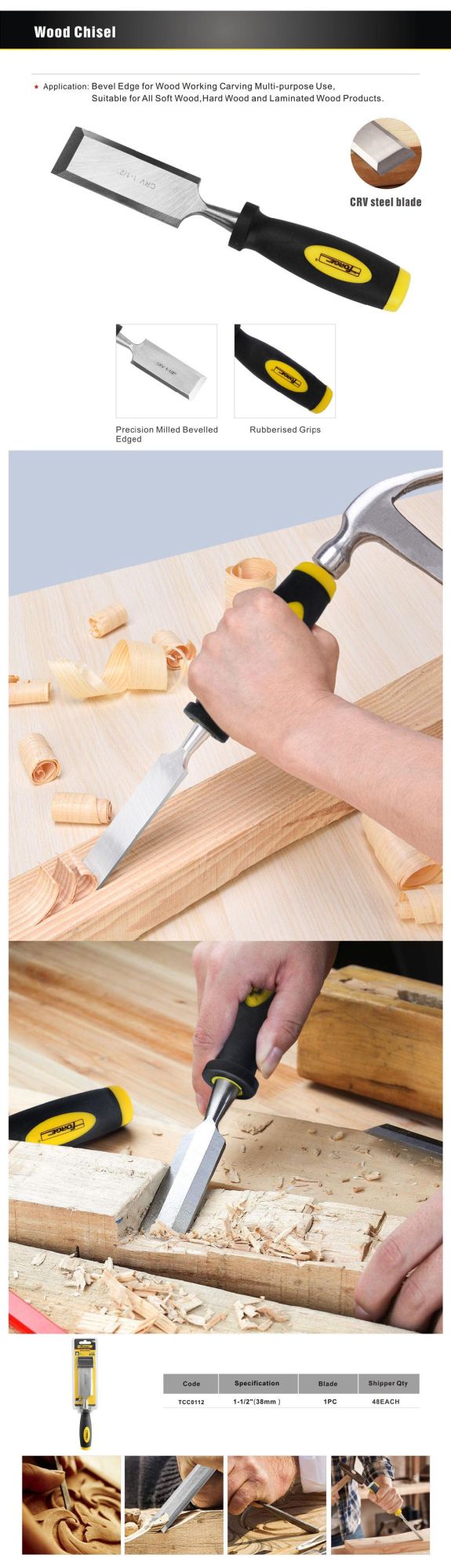 1-1/2" Woodworking Tools 40cr Steel Wood Chisel with Plastic Handle