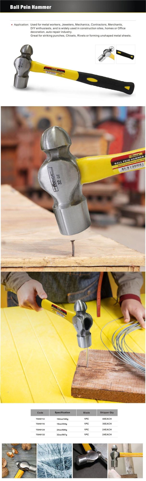 12oz Forged Carbon Steel Ball Pein Hammer with Fiberglass Shaft
