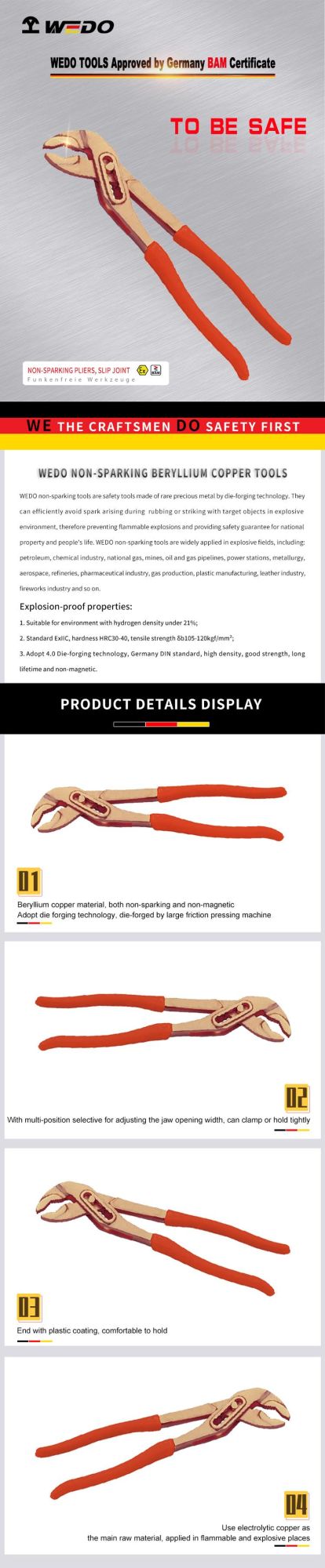 Wedo Professional Non Sparking Tool Beryllium Copper Slip Joint Pliers