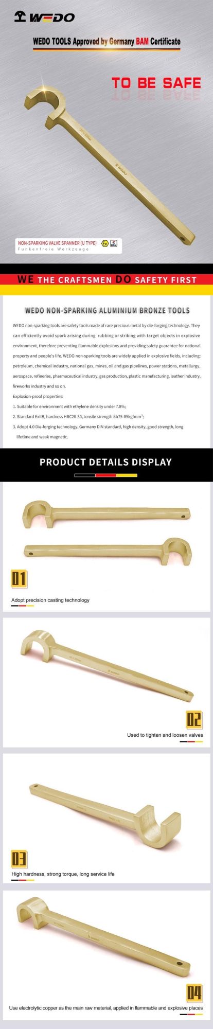 WEDO Non Sparking Aluminium Bronze Valve Spanner U Type Bam/FM/GS Certified