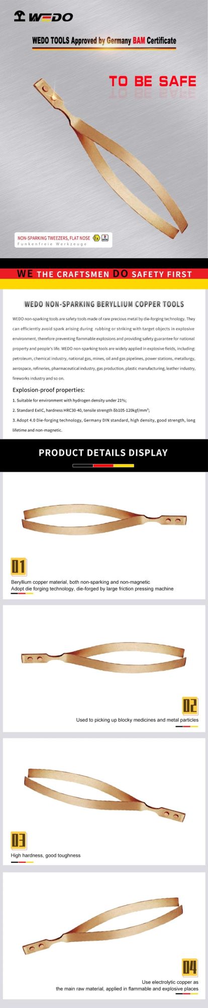 WEDO Beryllium Copper Non Sparking/Magetic Tweezers, Flat Nose