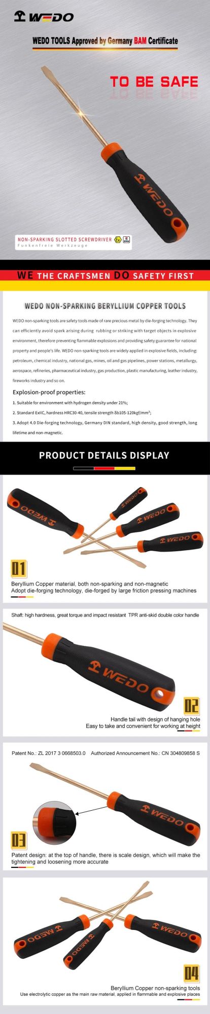 Wedo Best Selling Non Sparking Beryllium Copper Slotted Screwdriver