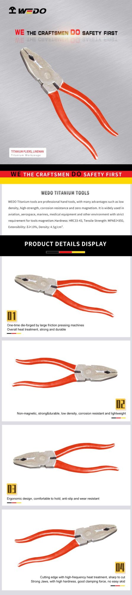 WEDO 100% Non-Magnetic Titanium Linemen Pliers