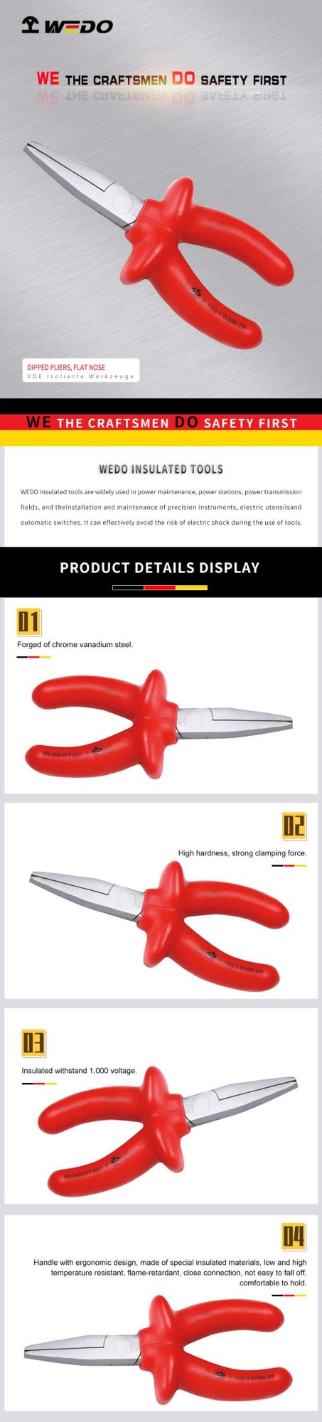 Wedo Professional Insulated Flat Nose Dipped Pliers