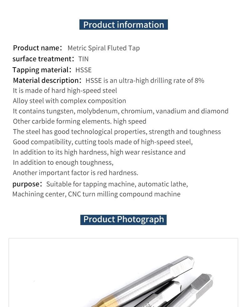 Hsse-M35 JIS with Tin Spiral Fluted Taps M1 M2 M3 M4 M5 M6 M7 M8 M9 M10 M11 M12 Metric Machine Screw Thread Tap