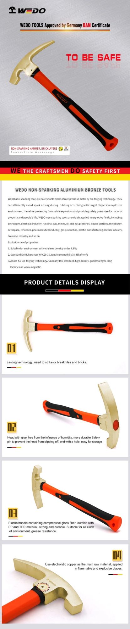 Wedo Popular Non Sparking Aluminium Bronze Bricklayers′ Hammer