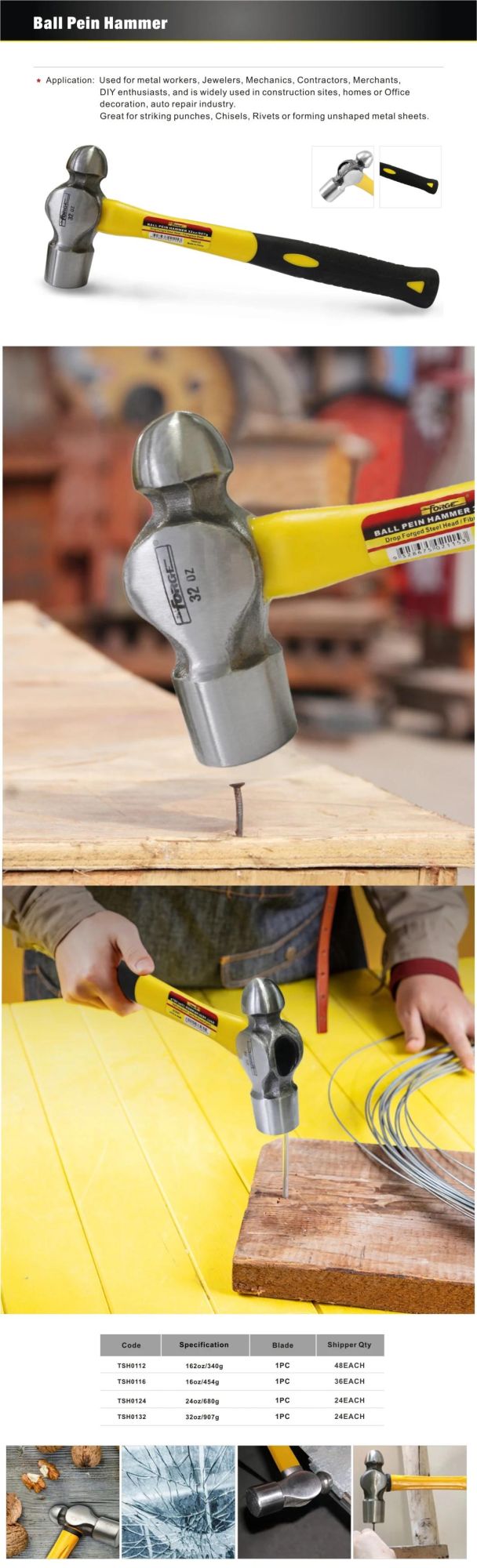 32oz Forged Carbon Steel Ball Pein Hammer with Fiberglass Handle