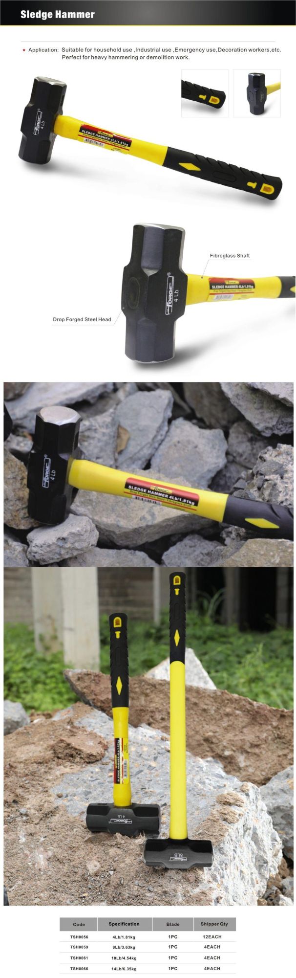 10lb Forged Carbon Steel Sledge Hammer with Fiberglass Shaft
