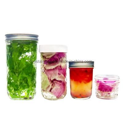 450ml Embossed Surface Wide Mouth Glass Mason Jar with Golden Two Part Lid