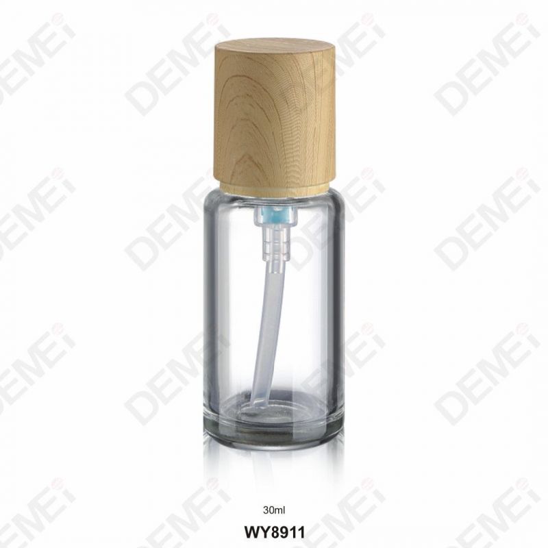 30/60/80/120ml 15/30/50g Cosmetic Skin Care Packaging Clear Straight Round Toner Lotion Glass Bottle and Cream Jar with Imitation Wood Grain Cap