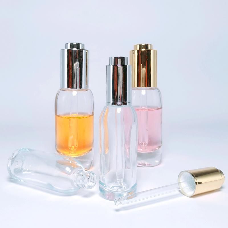 Custom Facial Skincare Essential Oil Cosmetic Serum Glass Dropper Bottle with Sliver Gold Push Button Caps