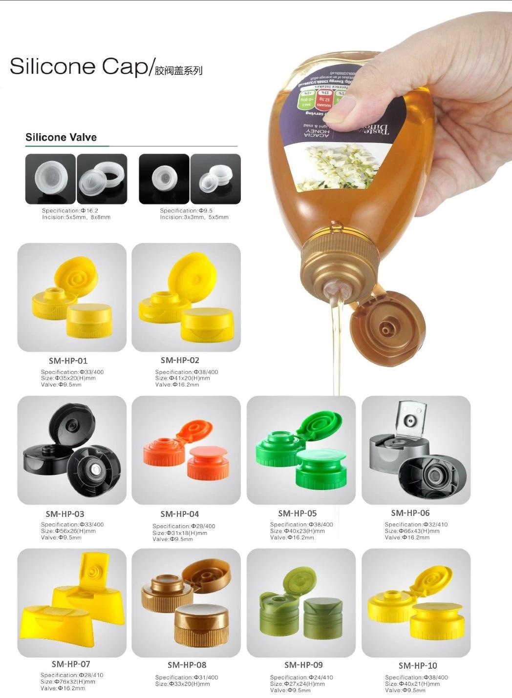 32 /410 Black Flip Cap with Silicone Valve for Honey Bottle and Shampoo Bottle