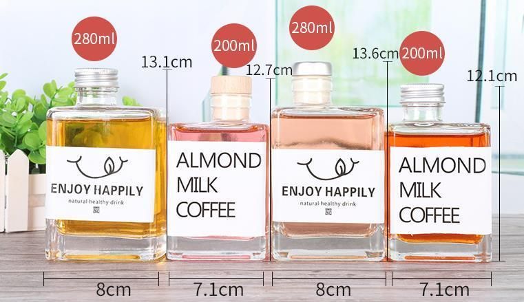 200ml 280ml Square Shaped Glass Bottle with Lid for Drink Beverage Milk Whiskey Drink Bottle