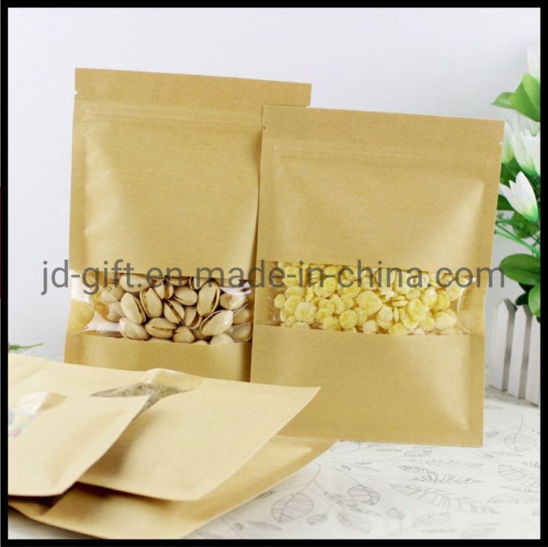 Wholesales 3-Side Seal Kraft Plastic Flat Pouches with Zip Closure and Clear Window