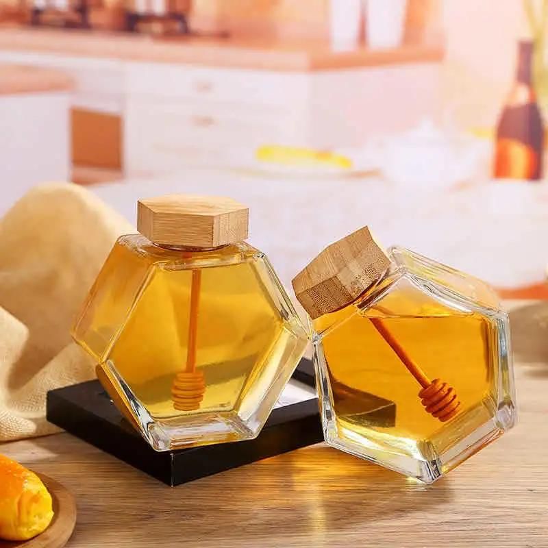 Custom Logo Glass Canning Storage Container Honey Jar with Wooden Dipper