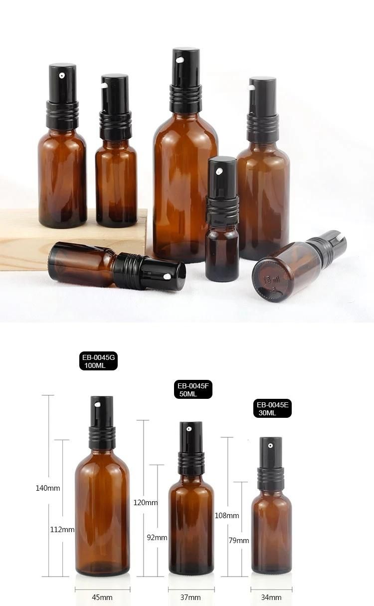 10ml 30ml 50ml 100ml Custom Packaging Cosmetics 1oz 2oz Slant Shoulder Amber Glass Bottle with Cap/Pump Spray Bottle