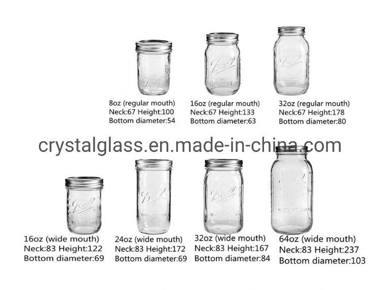 Wide Mouth Food Storage Glass Mason Jars with Lids for Jam Honey Packing 4oz 8oz 16oz