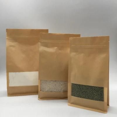 Stock Biodegradable Doypack Ziplock Brown Stand up Kraft Paper Pouches Bag with Clear Window