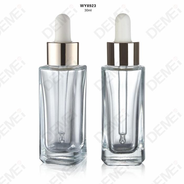 30ml Cosmetic Packaging Slim Square Glass Dropper Bottles with Gold Aluminum Rubber Pipette Dropper Cap