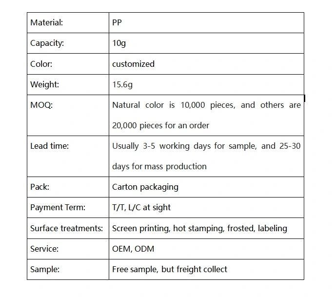 10g PP Plastic Cream Jar Travel Packing Jar with Cap
